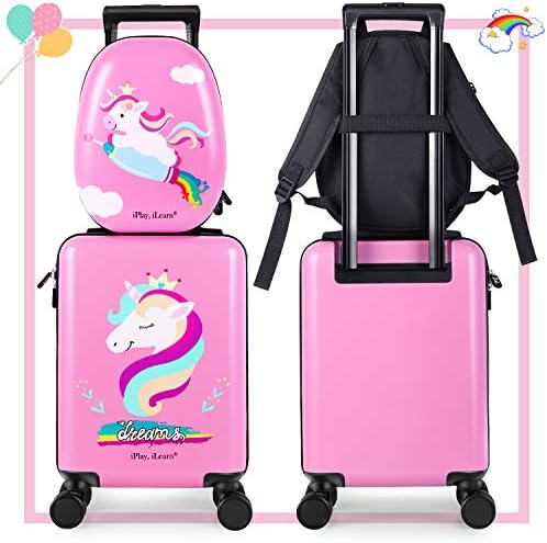 iPlay, iLearn Unicorn Kids Luggage, Girls Carry on Suitcase, 18" Hardside Travel Luggage Set W/Backpack, Toddler Rolling Luggage W/ 4 Spinner Wheels, Children Holiday Birthday Gift - Image 2