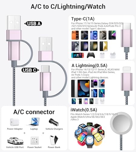 Temdan for Travel Essentials,3 in 2 USB C Cable for Apple Watch Charger/iPhone 17 Charger/Lightning,Multi Charging Cable Cord,Vacation Camping Essentials,Portable Designed for iWatch &iPhone 16-12-4FT - Image 2
