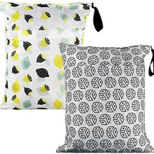 2Pcs Waterproof Reusable Wet & Dry Bag for Baby Cloth Diaper Gym Clothes Travel Bags Washable Beach Pool Swimsuits Pockets with Two Zippered Dirty Diapers Stroller Yoga Toiletries Daycare Organizer