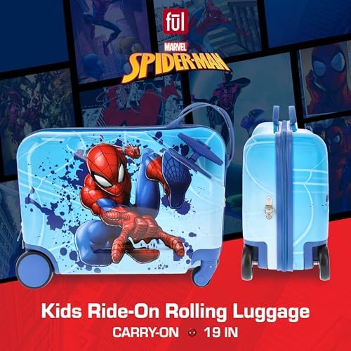 FUL Marvel Spider-Man 19 Inch Carry On Luggage, Kids Ride On Suitcase with Spinner Wheels, Hardshell Rolling Travel Trolley, Blue - Image 2