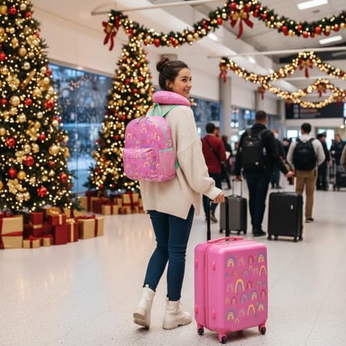 Redbaker 17 Inch 6 Pcs Kids Luggage Set Gifts for Christmas Kids Rolling Luggage Double Pattern Suitcase for Boys Girls (Dusty Pink, Rainbow Style) - Image 5