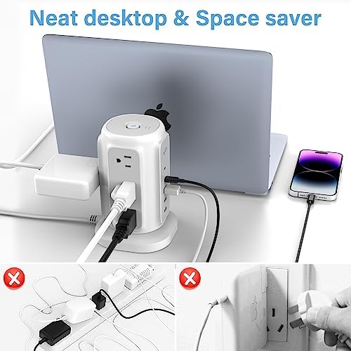 AiJoy Flat Plug Power Strip Tower 9 Outlets and 5 USB Ports (2 USB-C), 1200J Surge Protection, 6.5ft 1625W Extension Cord Charging Station for Home Office Supplies, Dorm Room Essentials - Image 5