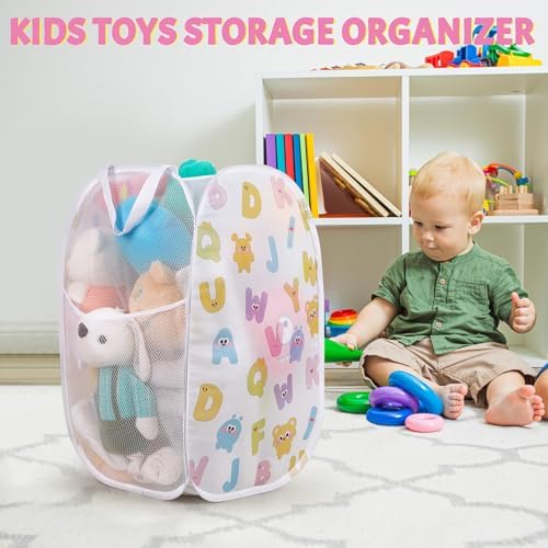 Collapsible Pop Up Hamper for Baby Clothes or Toys Storage, Mesh Hamper with Handles & Side Pocket, Multi-Use Laundry Hamper & Toy Basket, Portable for Home, Travel, Dorm(White-Vertical) - Image 4