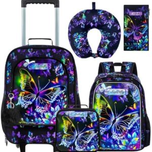 5PCS Girls Suitcase Set, Kids Water-Resistant Rolling Luggage, Cute Butterfly Travel Carry-On for Elementary/Preschool Toddler