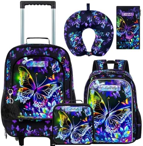 5PCS Girls Suitcase Set, Kids Water-Resistant Rolling Luggage, Cute Butterfly Travel Carry-On for Elementary/Preschool Toddler