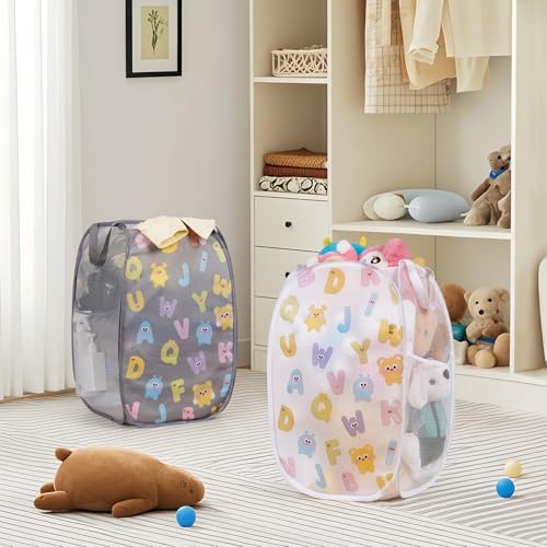 Collapsible Pop Up Hamper for Baby Clothes or Toys Storage, Mesh Hamper with Handles & Side Pocket, Multi-Use Laundry Hamper & Toy Basket, Portable for Home, Travel, Dorm(White-Vertical) - Image 7