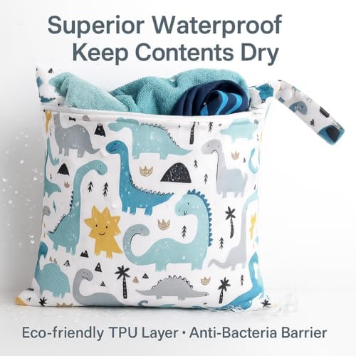 Waterproof Wet Dry Bag, Reusable Diaper Pouch with Zipper, Machine Washable Travel Organizer for Beach, Daycare, Kids, Dinosaur Pattern (White Dino) - Image 2