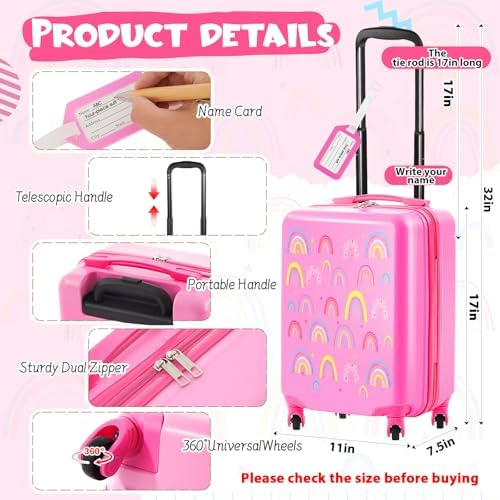 Redbaker 17 Inch 6 Pcs Kids Luggage Set Gifts for Christmas Kids Rolling Luggage Double Pattern Suitcase for Boys Girls (Dusty Pink, Rainbow Style) - Image 2