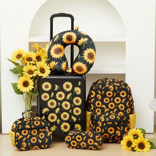 Redbaker 17 Inch 6 Pcs Kids Luggage Set Gifts for Christmas Kids Rolling Luggage Double Pattern Suitcase for Boys Girls (Black Yellow,Sunflower Style) - Image 7
