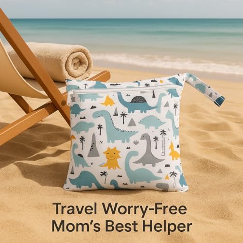 Waterproof Wet Dry Bag, Reusable Diaper Pouch with Zipper, Machine Washable Travel Organizer for Beach, Daycare, Kids, Dinosaur Pattern (White Dino) - Image 7