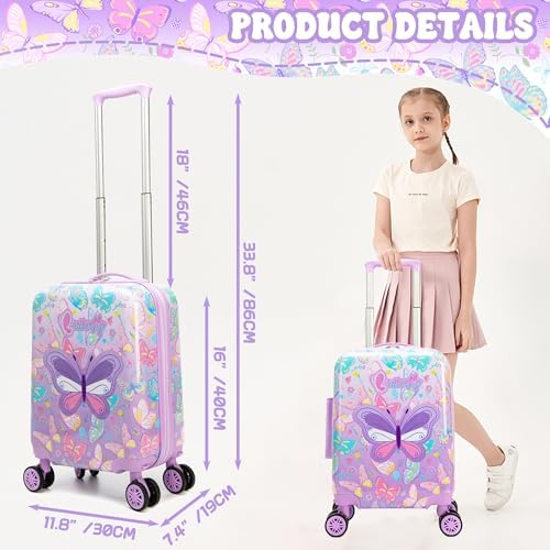 Kid's Luggage Set 2 Piece Suitcase Set 16" Hardside Luggage with Spinner Wheels Girls Carry on Toddler Travel Rolling Suitcase with Neck Pillow Airline Approved - Image 2