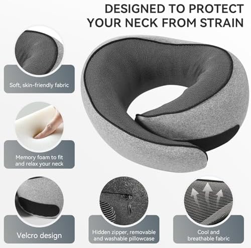 SZXYX Travel Pillows - 100% Pure Memory Foam Neck Pillow for Airplanes, Comfortable Breathable Cover, 360° Support Stowable Pillows for Sleeping, Car, Airport Travel Essentials Dark Grey - Image 7