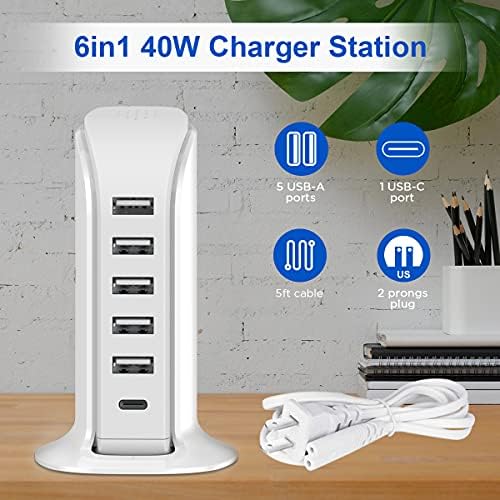 Charging Station for Multiple Devices 40W Upoy, Wall Charger Block 5 USB Ports(Shared 6A), USB Charging Hub Smart IC, Charger Tower with Type-C 3A for iPhone iPad Tablets Smartphones, Home Office Use - Image 4