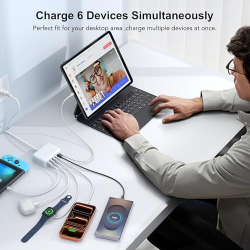 USB C Fast Charger, 100W GaN 6 Port Type USB C Charging Station Hub Block Cube, USB C Wall Charger Power Strip Adapter Plug for iPad iPhone 17 16 15 14 13 12 Pro Max Pixel Note Galaxy, 5ft Cord - Image 5