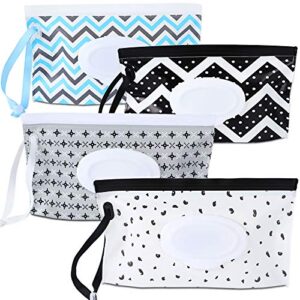 FEBSNOW 4 Pack Baby Wipe Dispenser, Portable Refillable Wipe Holder, Baby Wipes Container, Wipe Dispenser, Reusable Travel Wet Wipe Pouch (Geometric)