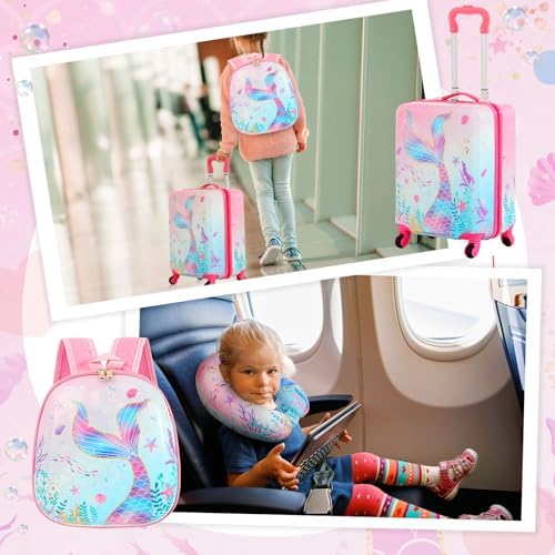 Sanwuta 4 Pcs Kids Luggage Set Backpack Travel Rolling Suitcase U-shape Pillow Christmas Children Gift for Girls Boys(17 Inch,Mermaid's Tail Style,Blue Purple) - Image 6