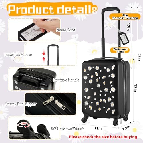 Redbaker 17 Inch 6 Pcs Kids Luggage Set Gifts for Christmas Kids Rolling Luggage Double Pattern Suitcase for Boys Girls (Black, Daisy Style) - Image 2