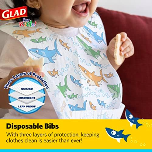 Glad for Kids Shark Paper Disposable Bibs with Crumb Catcher for Feeding - Absorbent and Leakproof Eating and Travel Must Haves for Mess-Free Meals, 30 Count - Image 2