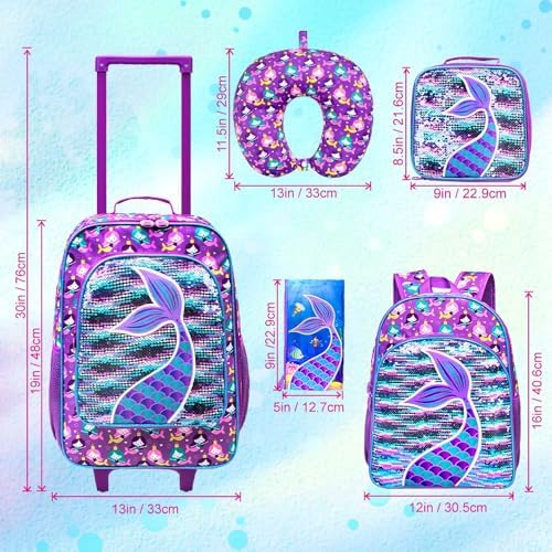 AGSDON 5 Piece Kids Luggage Set for Girls, Cute Rolling Wheels Suitcase for Toddler, Children Travel Carry on Suitcase -Mermaid - Image 4