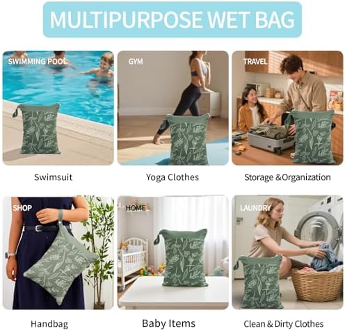2pcs Wet Bags Waterproof Reusable Wet Dry Bag with Two Zippered Pockets Travel Beach Pool Daycare Yoga Gym Bag for Baby Cloth Diaper,Swimsuits,Wet Clothes (Leaves & Grids) - Image 6