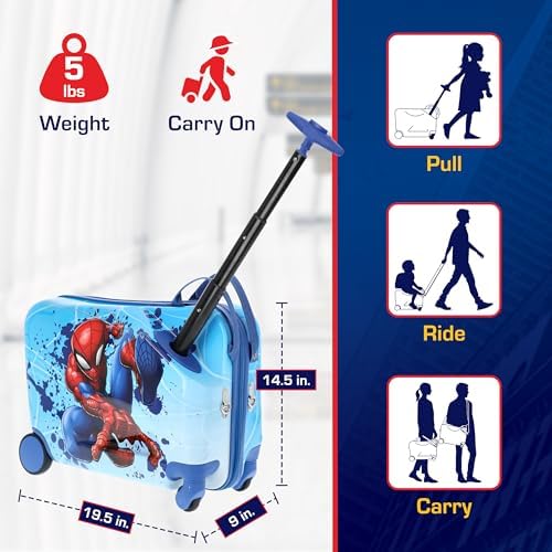 FUL Marvel Spider-Man 19 Inch Carry On Luggage, Kids Ride On Suitcase with Spinner Wheels, Hardshell Rolling Travel Trolley, Blue - Image 6