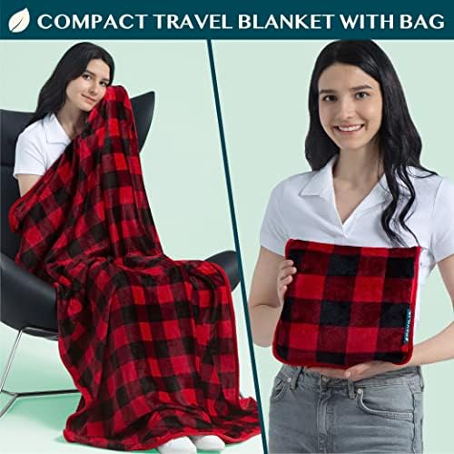 PAVILIA Travel Blanket Pillow, Soft Airplane Blanket 2-IN-1 Combo Set, Plane Blanket Compact Packable, Flight Essential Car Pillow, Travelers Gift Accessories Luggage Backpack Strap, 60x43 Checker Red - Image 2