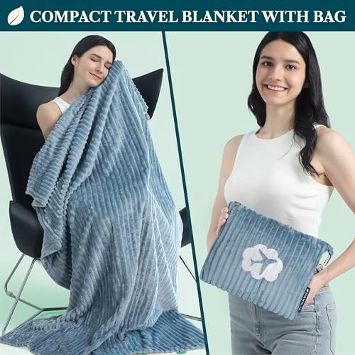 PAVILIA Travel Blanket Pillow in Soft Bag with Pockets, Airplane Blanket Set, Plane Blanket Compact Packable, Flight Essentials Car Pillow, Travelers Accessories Gifts, Luggage Strap, Dusty Light Blue - Image 2