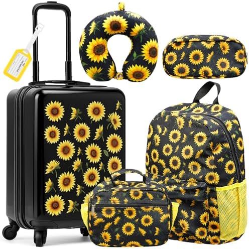 Redbaker 17 Inch 6 Pcs Kids Luggage Set Gifts for Christmas Kids Rolling Luggage Double Pattern Suitcase for Boys Girls (Black Yellow,Sunflower Style)