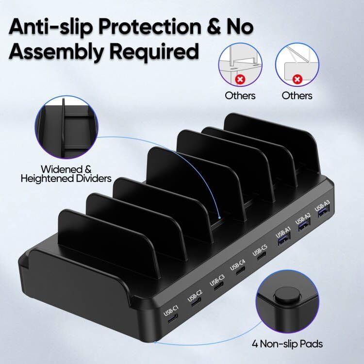 300W Charging Station for Multiple Devices, 8 Port Multi USB C Fast Charger Station Dock for MacBook iPhone 17/16/15/14/13/12 Samsung Pixel Series iPad, Black (6 Mixed Short Cables Included) - Image 4