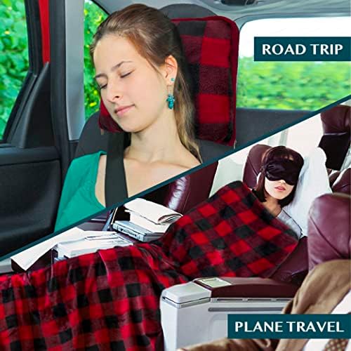 PAVILIA Travel Blanket Pillow, Soft Airplane Blanket 2-IN-1 Combo Set, Plane Blanket Compact Packable, Flight Essential Car Pillow, Travelers Gift Accessories Luggage Backpack Strap, 60x43 Checker Red - Image 5