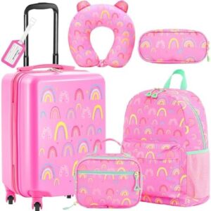 Redbaker 17 Inch 6 Pcs Kids Luggage Set Gifts for Christmas Kids Rolling Luggage Double Pattern Suitcase for Boys Girls (Dusty Pink, Rainbow Style)