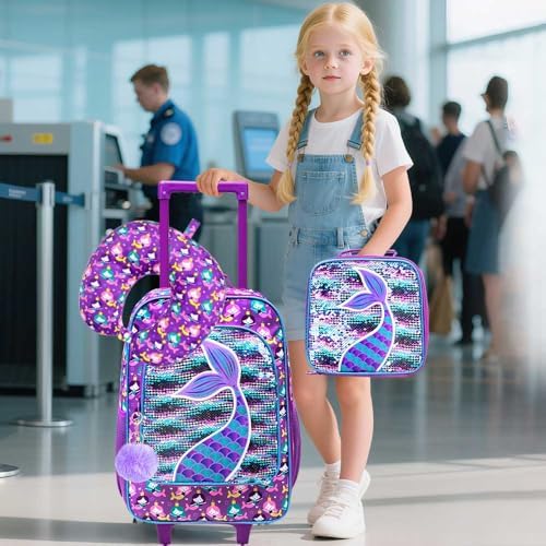 AGSDON 5 Piece Kids Luggage Set for Girls, Cute Rolling Wheels Suitcase for Toddler, Children Travel Carry on Suitcase -Mermaid - Image 2
