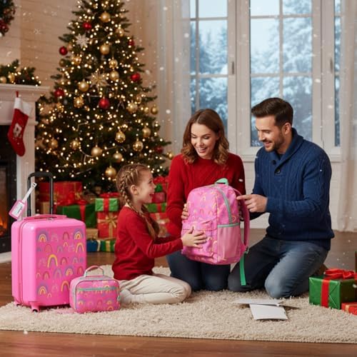 Redbaker 17 Inch 6 Pcs Kids Luggage Set Gifts for Christmas Kids Rolling Luggage Double Pattern Suitcase for Boys Girls (Dusty Pink, Rainbow Style) - Image 8