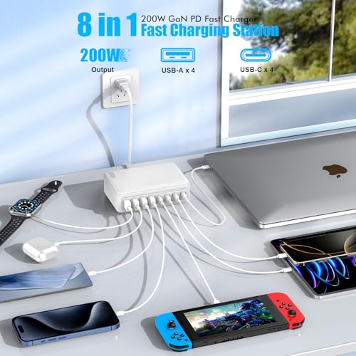 USB C Charger Block,200W GaN 8 Port USB C Charging Station USB Hub Block Cube Type C & USB A Wall Charger Power Adapter for Multiple Devices Apple iPhone 16/15/14,Steam Deck,MacBook Pro/Air,iPad Pro - Image 2