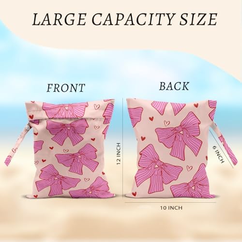 2Pcs Pink Bow Wet Bags 12x10 Inch, Heart Waterproof Travel Laundry Bags, Washable Reusable Wet Dry Bag for Swimsuit Pool Beach Diapers Dirty Yoga Gym Clothes, Pink Gifts for Women Friend Travelers - Image 2