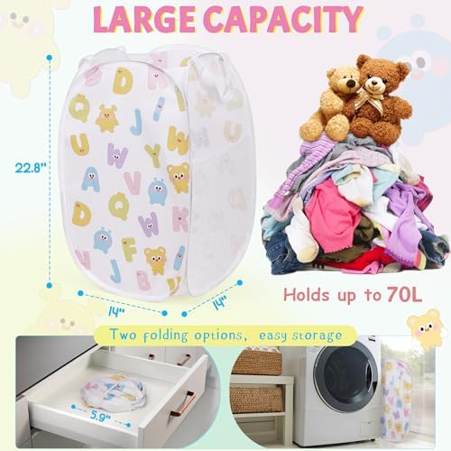 Collapsible Pop Up Hamper for Baby Clothes or Toys Storage, Mesh Hamper with Handles & Side Pocket, Multi-Use Laundry Hamper & Toy Basket, Portable for Home, Travel, Dorm(White-Vertical) - Image 2