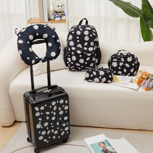 Redbaker 17 Inch 6 Pcs Kids Luggage Set Gifts for Christmas Kids Rolling Luggage Double Pattern Suitcase for Boys Girls (Black, Daisy Style) - Image 6