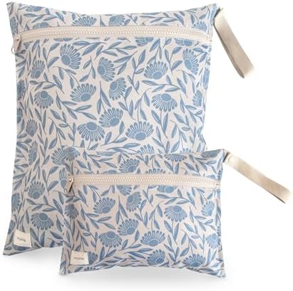 mushie Water Resistant Wet Bags | Large & Small Reusable Storage Bag for Baby Items and Travel | Zippered Pockets with Handle | Machine Washable, Set of 2 (Blue Flowers)