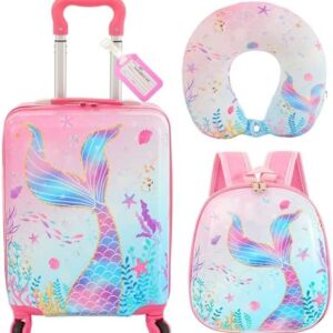 Sanwuta 4 Pcs Kids Luggage Set Backpack Travel Rolling Suitcase U-shape Pillow Christmas Children Gift for Girls Boys(17 Inch,Mermaid's Tail Style,Blue Purple)