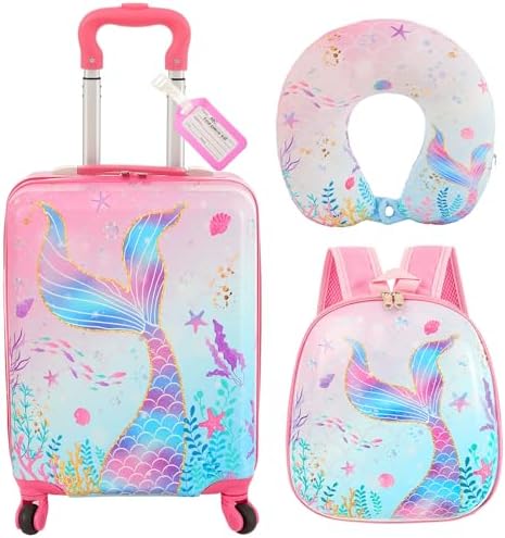 Sanwuta 4 Pcs Kids Luggage Set Backpack Travel Rolling Suitcase U-shape Pillow Christmas Children Gift for Girls Boys(17 Inch,Mermaid's Tail Style,Blue Purple)