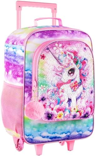 Girls Luggage, Kids Sequins Rolling Luggage, Cute Unicorn Travel Carry on for Elementary Preschool Toddler
