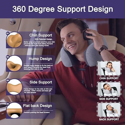 napfun Neck Pillow for Traveling, Upgraded Travel Neck Pillow for Airplane 100% Pure Memory Foam Travel Pillow for Flight Headrest Sleep, Portable Plane Accessories, Light Grey - Image 3