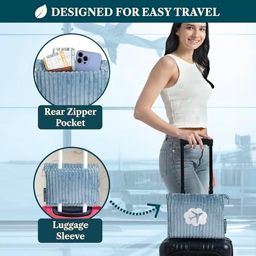 PAVILIA Travel Blanket Pillow in Soft Bag with Pockets, Airplane Blanket Set, Plane Blanket Compact Packable, Flight Essentials Car Pillow, Travelers Accessories Gifts, Luggage Strap, Dusty Light Blue - Image 3