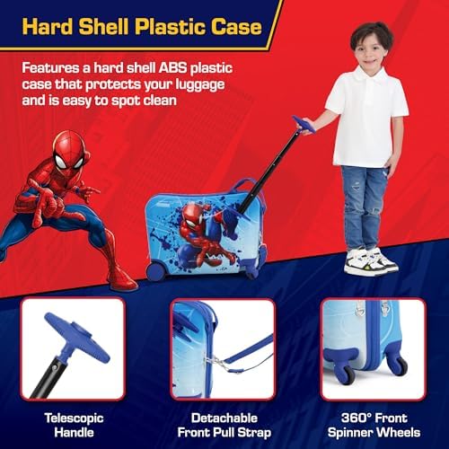 FUL Marvel Spider-Man 19 Inch Carry On Luggage, Kids Ride On Suitcase with Spinner Wheels, Hardshell Rolling Travel Trolley, Blue - Image 4