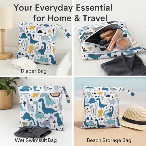Waterproof Wet Dry Bag, Reusable Diaper Pouch with Zipper, Machine Washable Travel Organizer for Beach, Daycare, Kids, Dinosaur Pattern (White Dino) - Image 4