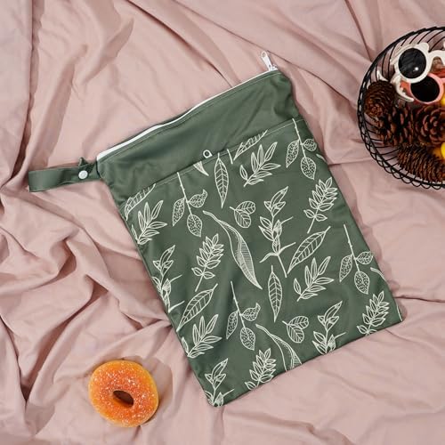 2pcs Wet Bags Waterproof Reusable Wet Dry Bag with Two Zippered Pockets Travel Beach Pool Daycare Yoga Gym Bag for Baby Cloth Diaper,Swimsuits,Wet Clothes (Leaves & Grids) - Image 9