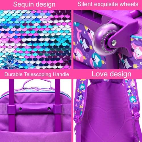 AGSDON 5 Piece Kids Luggage Set for Girls, Cute Rolling Wheels Suitcase for Toddler, Children Travel Carry on Suitcase -Mermaid - Image 3