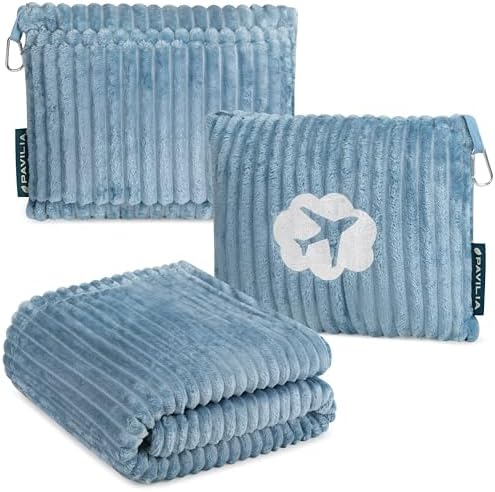 PAVILIA Travel Blanket Pillow in Soft Bag with Pockets, Airplane Blanket Set, Plane Blanket Compact Packable, Flight Essentials Car Pillow, Travelers Accessories Gifts, Luggage Strap, Dusty Light Blue