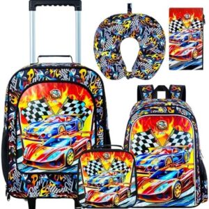 5PCS Boys Suitcase Set, Kids Water-Resistant Rolling Luggage, Cool Car Racing Travel Carry-On for Elementary/Preschool Toddler