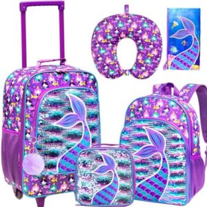 AGSDON 5 Piece Kids Luggage Set for Girls, Cute Rolling Wheels Suitcase for Toddler, Children Travel Carry on Suitcase -Mermaid